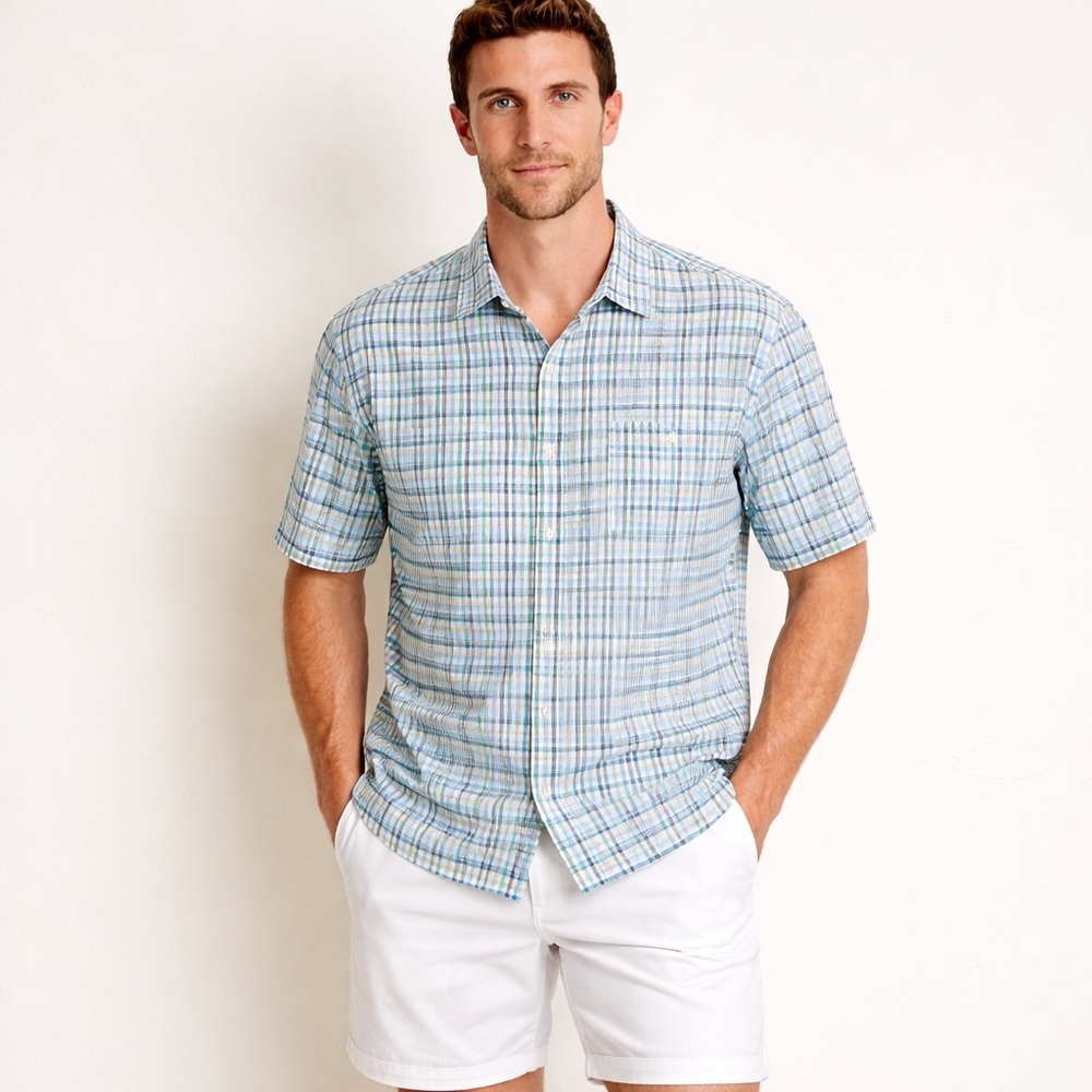 Tommy Bahama Silk Blue Plaid Short Sleeve Camp Shirt Mens Sz XL Pocket